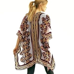 Free People Burgundy And Yellow Muse Burn Out Velvet Damask Print Kimono Shawl